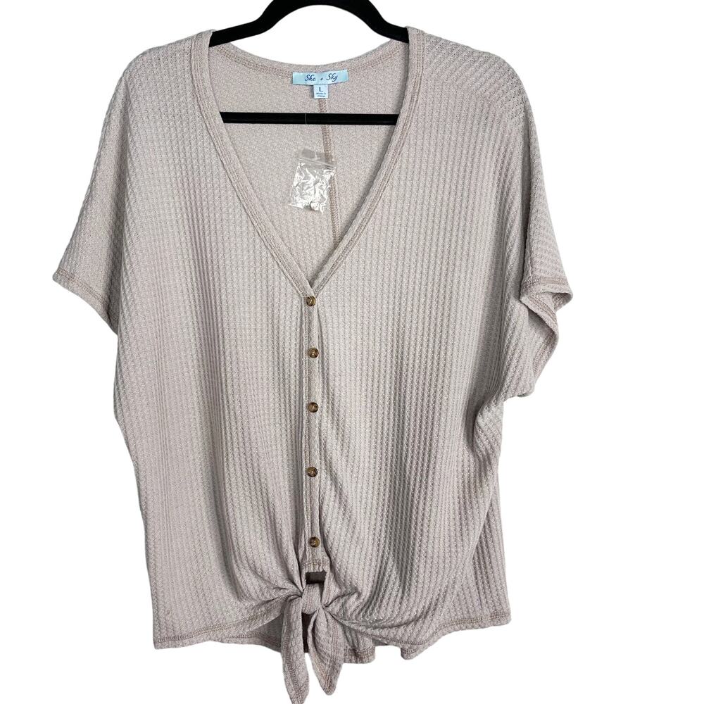 New She + Sky Large L Waffle Button Front Short Sleeve Tie Front Top Gray Purple